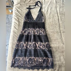 Black satin & lace BCBG halter neck dress